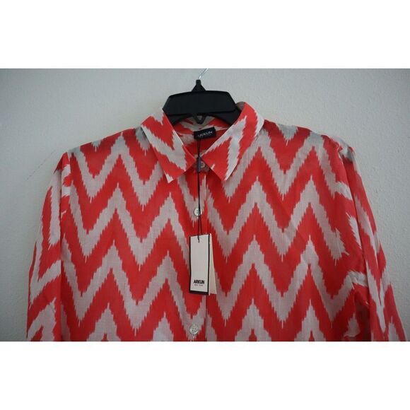 Arkun New York Women's Sz S Coral/White Chevron Print Button Up Blouse - Picture 3 of 5